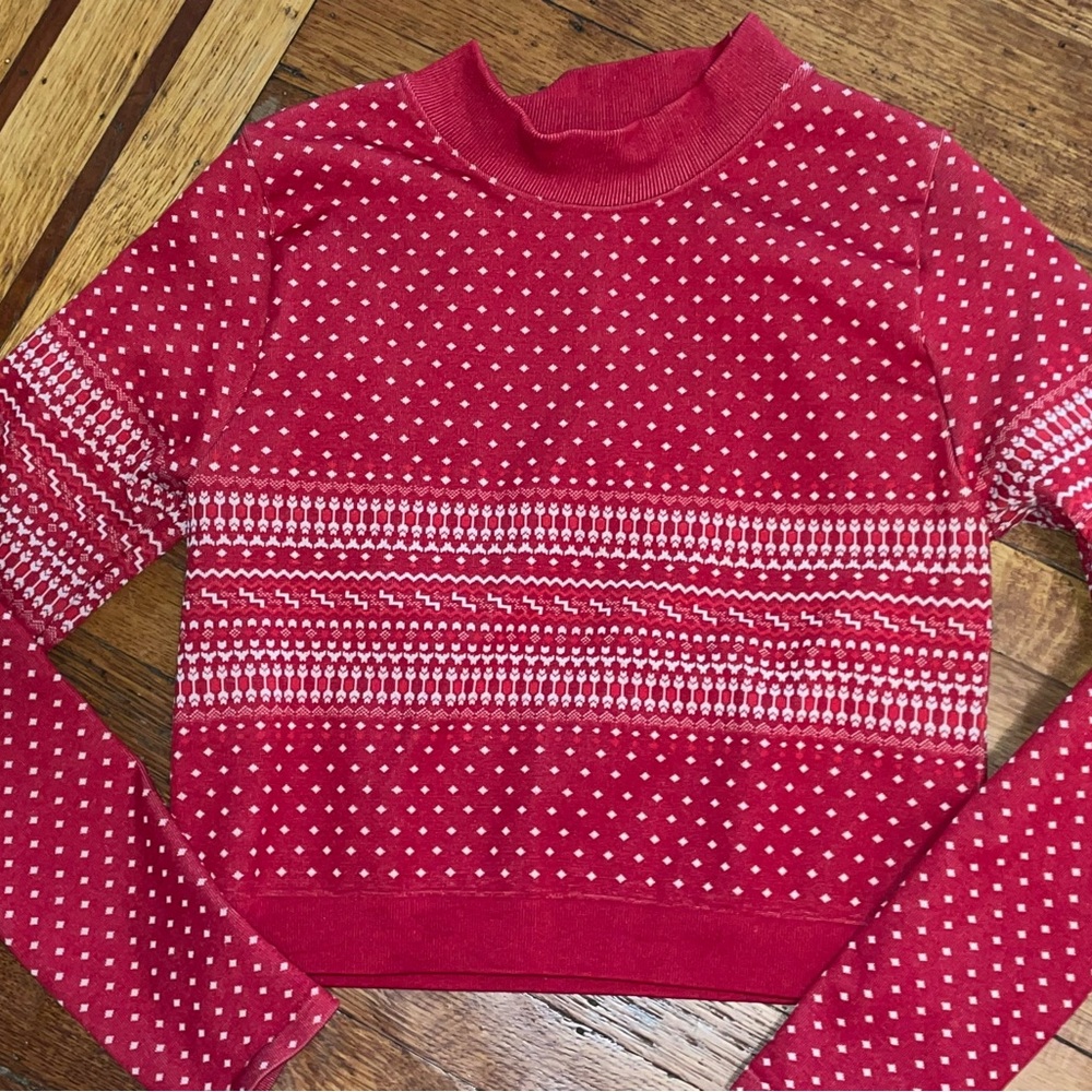 Vintage retro cropped long sleeve Red white Patterned Women's top shirt sweater